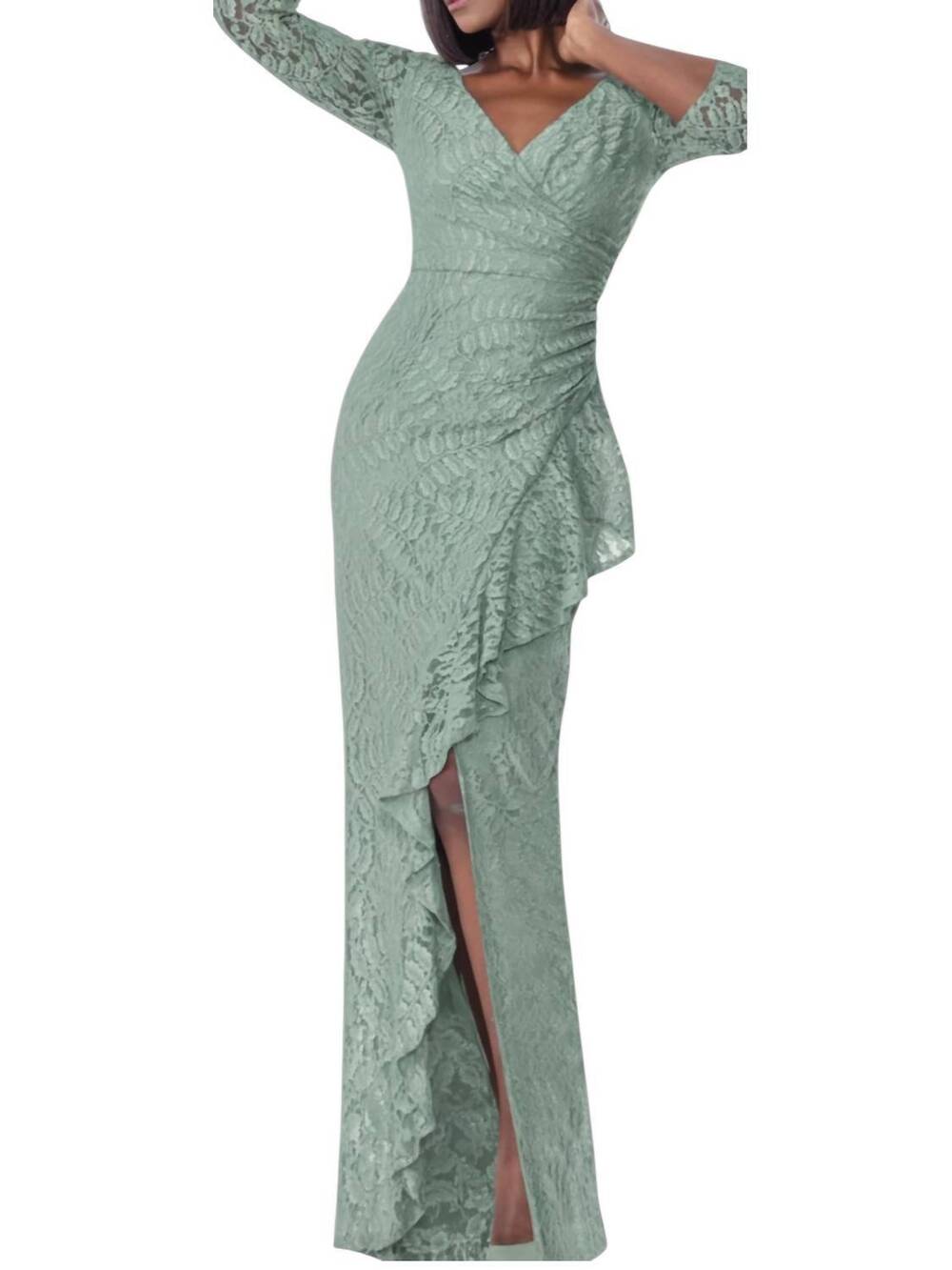 NEW ASPEED DESIGN lace pleated waist flutter long evening dress in sage